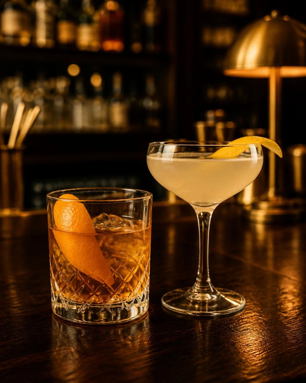Handcrafted cocktails served on a dark wood bar counter