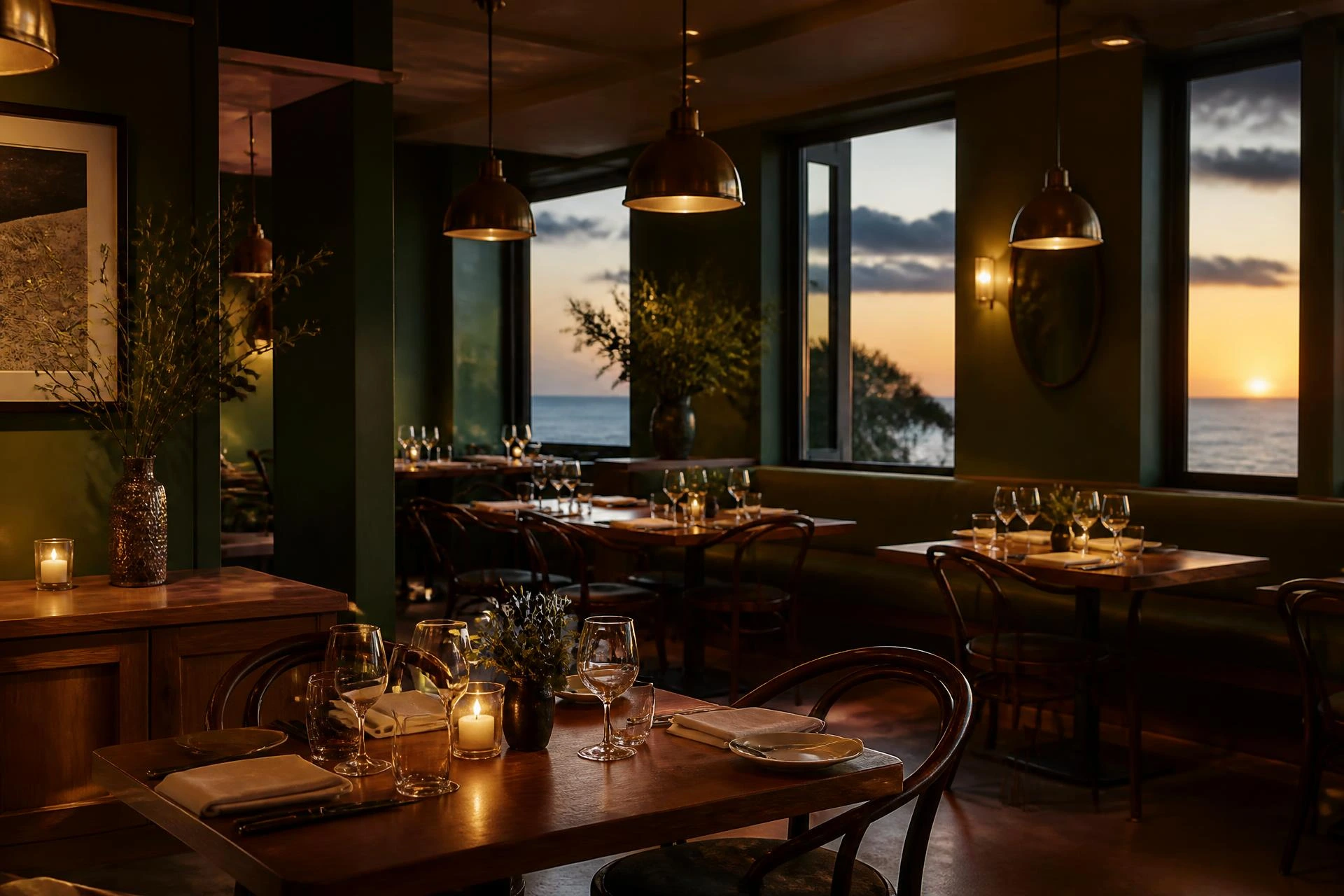Candlelit waterfront dining room evening view